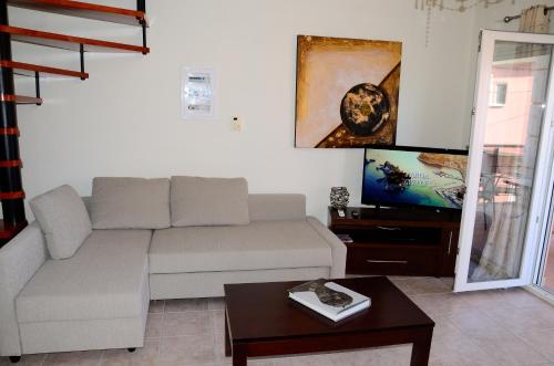 a living room with a couch and a tv at Villa Ektoras II by EY Villas in Parga