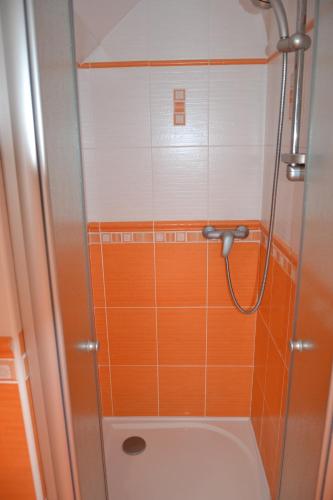 a shower in a bathroom with an orange tiled wall at Chalupa 246 in Vrchlabí