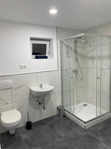 a bathroom with a shower and a toilet and a sink at Ferien Wohnung Kassel Cassel Zentral in Kassel