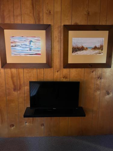 three pictures hanging on a wall with a television at Sleeping Bear Riverside Cabins in Honor