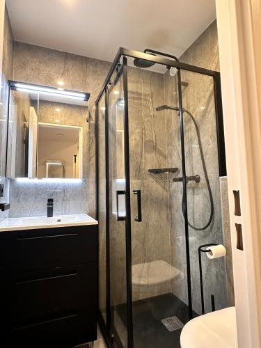 a bathroom with a shower and a sink at STUDIO HORIZON - SEA VIEW - POOL- Air Conditioner - Kitchen - Wifi -TV Train - Bus - in Villeneuve-Loubet