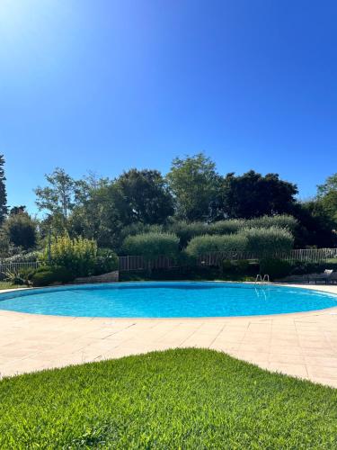 une grande piscine bleue dans l'herbe dans l'établissement STUDIO HORIZON - SEA VIEW - POOL- Air Conditioner - Kitchen - Wifi -TV Train - Bus -, à Villeneuve-Loubet