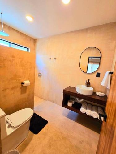 un bagno con lavandino, WC e specchio di Casa Josefa 1750 a La Paz