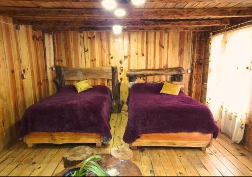 a bedroom with two beds in a log cabin at Cabañas La Palma in Mineral de Angangueo