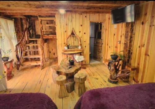 a living room with wooden walls and wooden floors at Cabañas La Palma in Mineral de Angangueo
