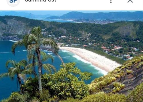 a view of a beach with a palm tree at Pousada mirante por do sol in Niterói