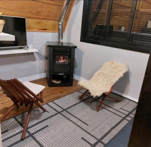 a living room with a chair and a stove at Cabana Das Paineiras in Feliz