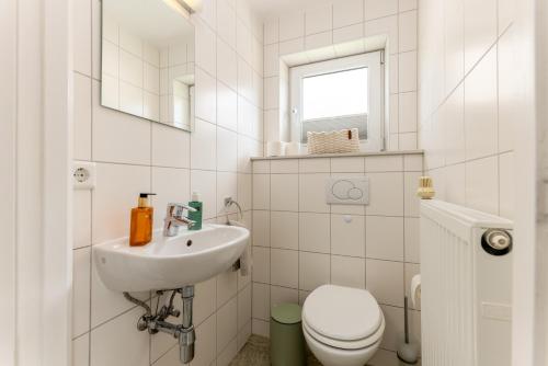 a white bathroom with a toilet and a sink at Meer-Lust-Sylt Sonnenhäuschen in Westerland (Sylt)