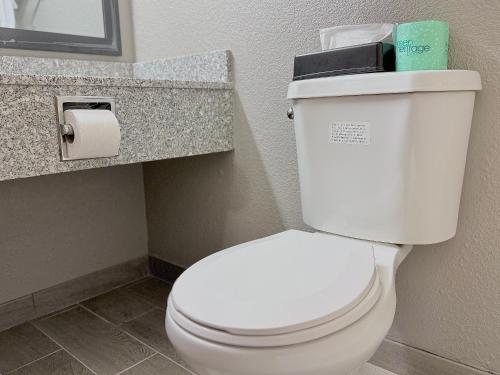 a bathroom with a toilet with a roll of toilet paper at American Inn Cedar Rapids South in Cedar Rapids