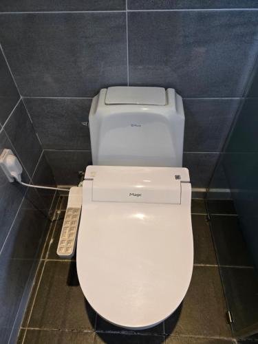 a bathroom with a white toilet in a room at Jeju Banada in Jeju