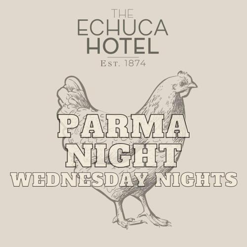 a drawing of a chicken with the words parma night wednesday nights at Campaspe Lodge in Echuca