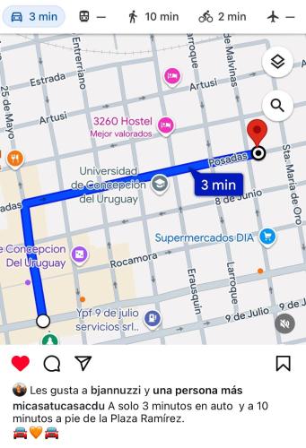 a screenshot of a google map with a blue arrow at Mi casa, tu casa in Concepción del Uruguay