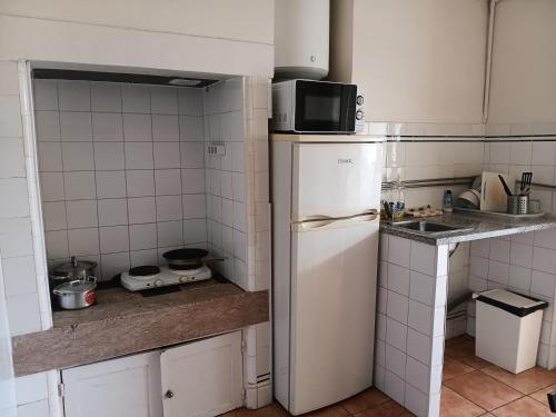 a small kitchen with a refrigerator and a microwave at Amoreiras Lisbon Apartments in Lisbon