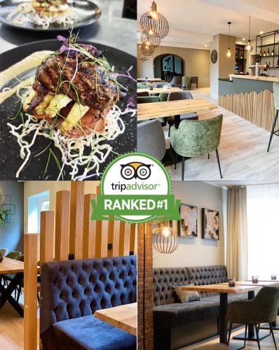 a collage of photos of a restaurant with tables and chairs at Hotel Schultheiss Hameln in Hameln
