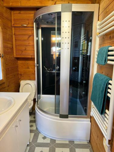 a shower in a bathroom with a toilet and a sink at Cozy cottage Paris Suburb! in Bobigny