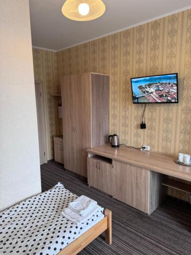 a hotel room with a bed and a tv on the wall at Motel Kurortnyy & SPA in Shklo