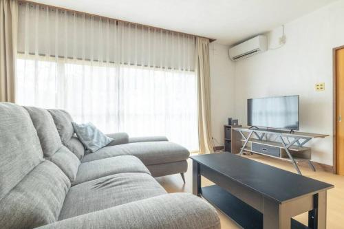a living room with a couch and a flat screen tv at Nikko Toyama Forest House in Nikko