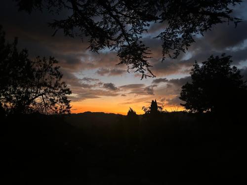 a sunset in the sky with trees in the foreground at Monte Cuccolo House B&B in Fontanelice