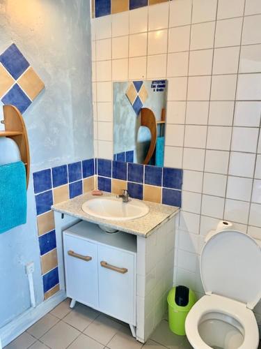 une petite salle de bain avec toilettes et lavabo dans l'établissement LE DEPOT studio du petit port, à Champvert