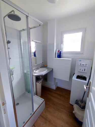 La salle de bains est pourvue d'une douche, d'un lavabo et d'une cuisinière. dans l'établissement Le Chamois d'Assy, résidence alpine de charme, à Passy