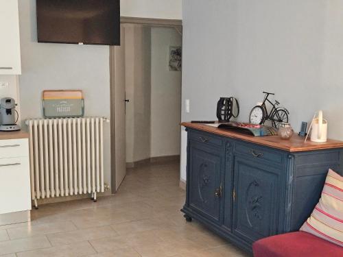 a kitchen with a blue cabinet and a radiator at Aux doux refuges de la muse Appartement in Montjaux