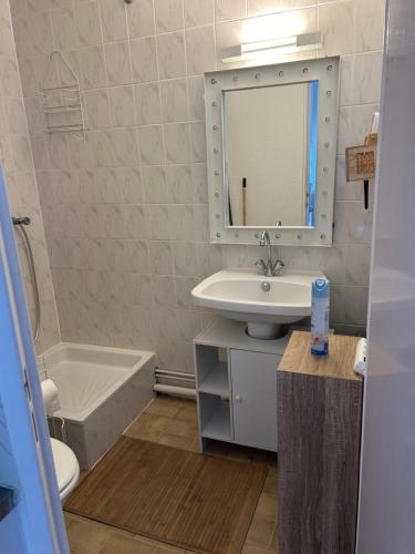 une salle de bain avec un lavabo, des toilettes et un miroir dans l'établissement Magnifique appartement grau du roi, au Grau-du-Roi