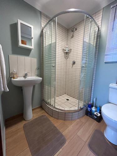 a bathroom with a shower and a sink at Khaled Estate Cottages - unit A in Hillcrest
