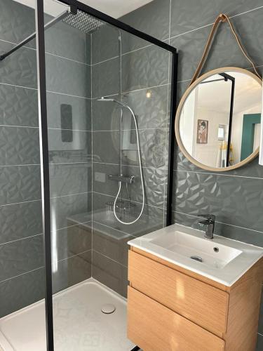 une salle de bain avec une douche, un lavabo et un miroir dans l'établissement Appart cosy - belle vue, à Niort