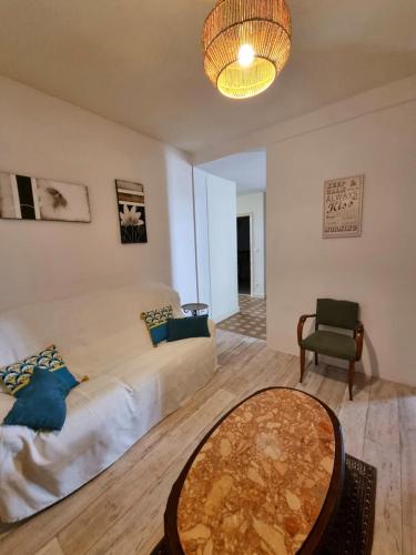 un salon avec un canapé et une table dans l'établissement Airial landais, à Sanguinet