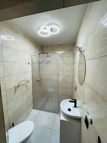 ein Badezimmer mit Dusche, Toilette und Waschbecken in der Unterkunft Kwatera - Pod Wiatrakiem, JACUZZI ZEWNĘTRZNE in Czarna