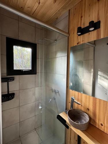 un bagno con lavandino e doccia in vetro di Minicasa en Bariloche a San Carlos de Bariloche