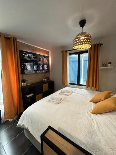 una camera da letto con un letto grande e un lampadario di Appartement EVASION a Mantes-la-Jolie