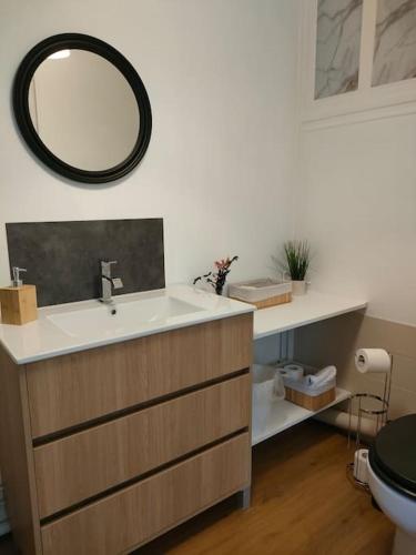 une salle de bain avec un lavabo et un miroir au mur dans l'établissement Maison avec jardin, le pal, N7, à Bessay-sur-Allier