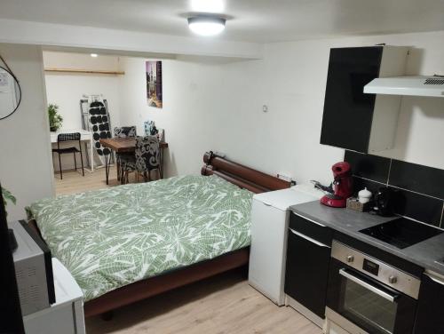 une petite chambre avec un lit et une cuisine dans l'établissement Studio centre ville Foix, à Foix