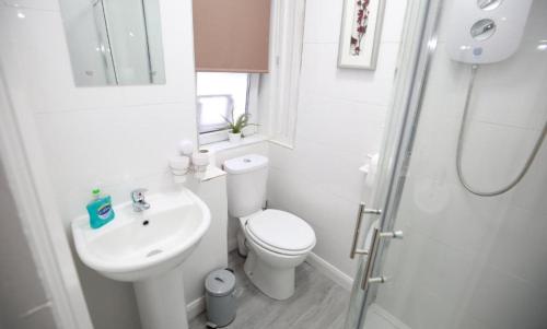 a bathroom with a toilet and a sink and a shower at Glasgow South Studio in Glasgow