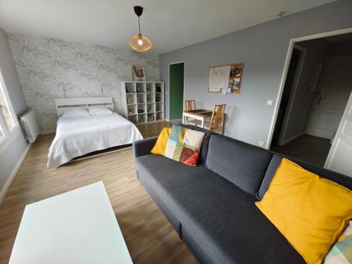 un salon avec un canapé et un lit dans l'établissement Appartement Botanique, à Lille