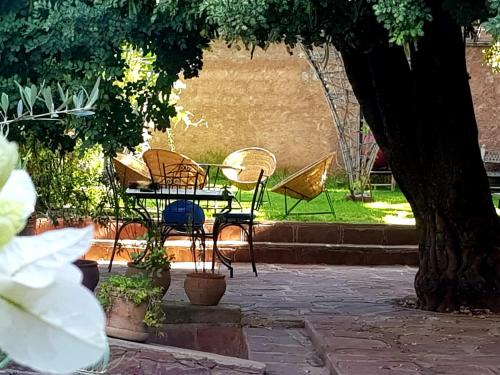 a table and chairs sitting under a tree at KASBAH Jardin des délices Timalizen in Tamzerdirt