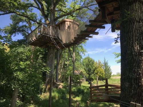 a tree house is hanging from a tree at Domaine La Roche Bellin in Descartes