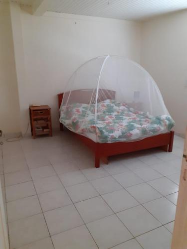 a bed with a cover on it in a room at Maison 820 in Saint-Joseph