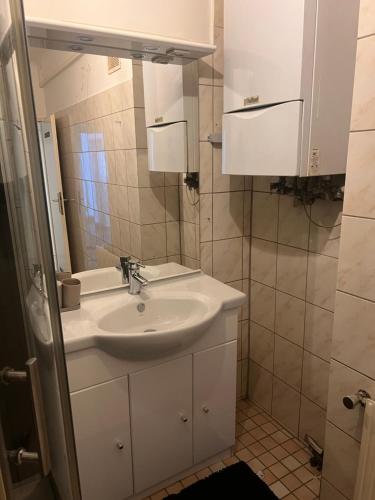 a bathroom with a sink and a mirror at Cozy 2-Bedroom Retreat Near Subway and City Center in Vienna