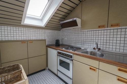 a kitchen with a sink and a stove at Hotel Morgana in Mendrisio