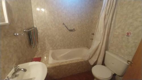 a bathroom with a toilet and a tub and a sink at Departamentos alvear in Esquel