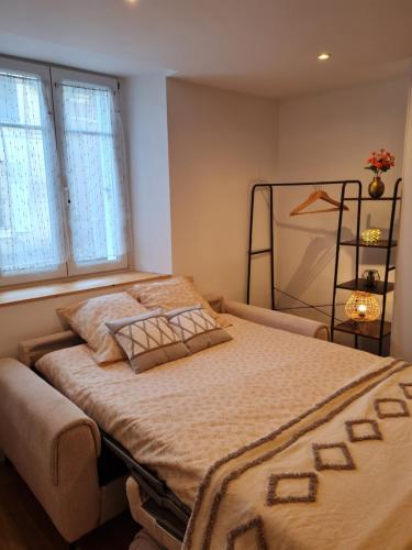 une chambre avec un grand lit avec deux fenêtres dans l'établissement Studio cosy et fonctionnel, à Beauvais