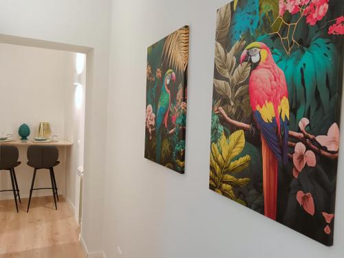 two paintings of a parrot on a wall in a room at Casa Petrí Home SPA in Palermo