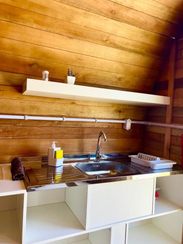 a kitchen with a sink and a wooden wall at Chalé Barril com cozinha in São Francisco do Sul