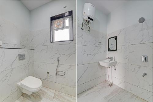 two pictures of a bathroom with a toilet and a sink at Collection O Maharaja Resort in Varanasi