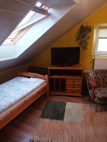 a bedroom with a bed and a television in a attic at Lorsby- wędkarska oaza in Mrągowo