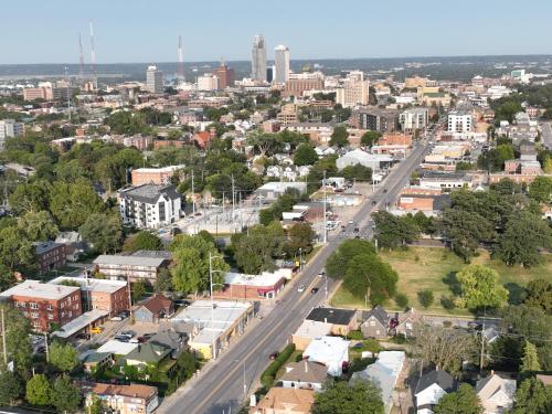 an aerial view of a city with a road at Luxury Midtown Home with Historic Charm in Omaha