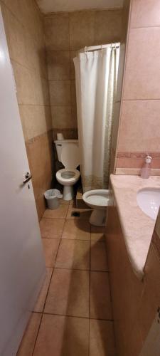 a small bathroom with a toilet and a sink at Hotel San Remo in Mendoza