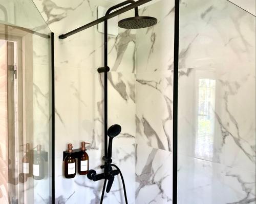 une douche dans une salle de bain avec une porte vitrée dans l'établissement Studio climatisé avec piscine, à Saint-Raphaël